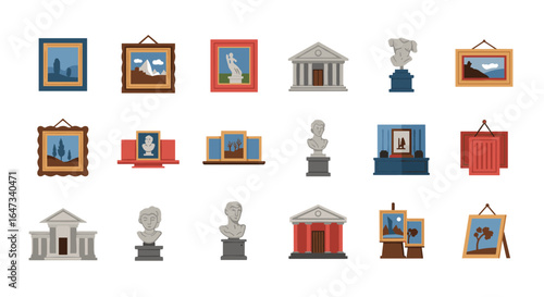 Art gallery icons featuring paintings and sculptures in flat cartoon style