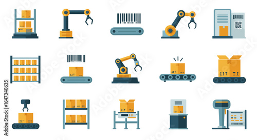 Warehouse robotics and automation illustrations featuring industrial machinery and barcode scanners