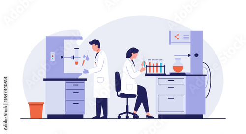 Scientific research lab with scientists in flat design