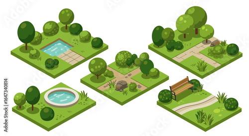 Isometric park landscapes with trees, paths, and water features