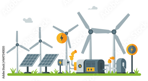 Sustainable energy sources and technology concept in flat design