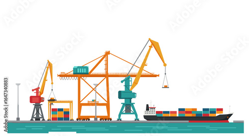 Cargo ship and harbor cranes in flat style at container terminal