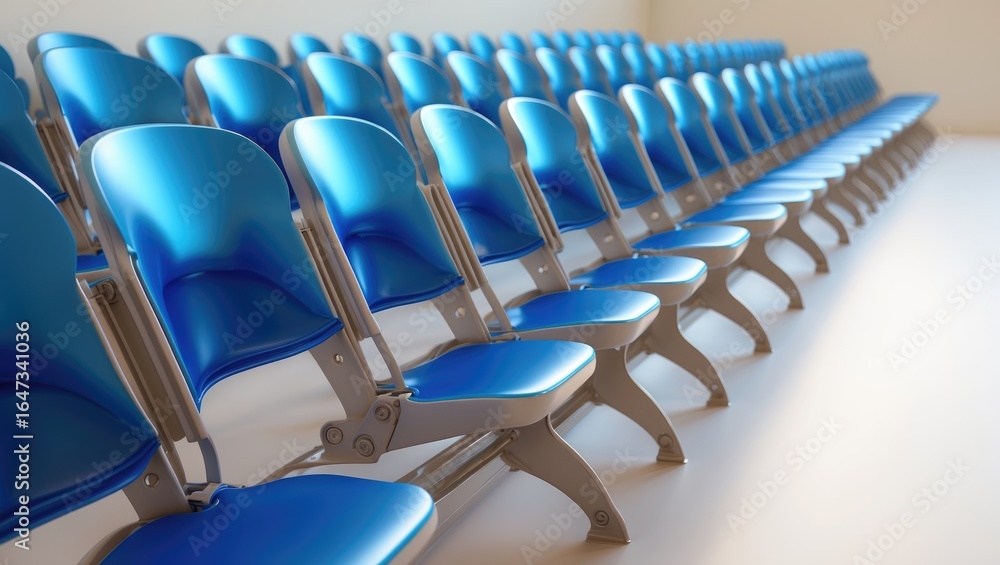 Fototapeta premium Rows of blue chairs arranged in an auditorium or conference room setting.