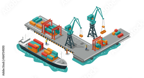 Isometric cargo port with cranes and containers on wharf