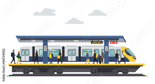 Modern commuter train platform scene with diverse passengers in flat style