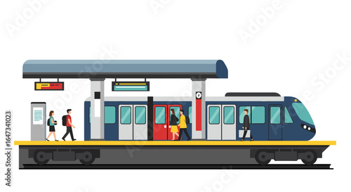 Modern urban commuters at train station platform in minimalist style