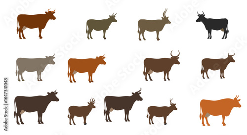 Set of cow and bull silhouettes in gradient colors