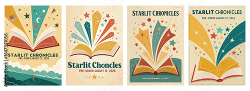 Colorful book covers showcasing 'Starlit Chronicles' with vibrant illustrations and artistic designs.