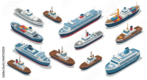 Isometric ships and boats collection with cargo, ferries, and tugboats for nautical designs