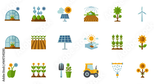 Agriculture and renewable energy icons: greenhouses, solar panels, windmills, and sustainable farming tools