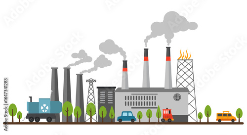 Industrial plant with smokestacks and vehicles in flat style