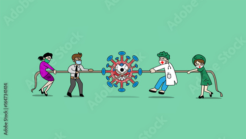 Fight Coronavirus outbreak concept. Doctor, nurse and people wearing sanitary mask try to stop Covid-19
