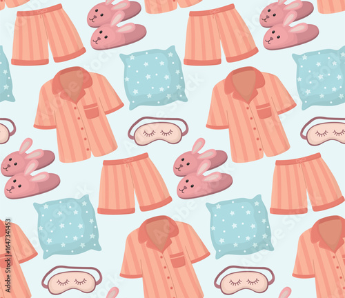 Seamless pattern with pajamas, bunny slippers, pillow and sleeping mask. Cute background women's home accessories