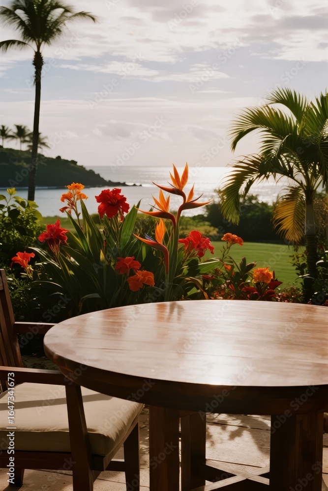 Fototapeta premium Outdoor dining table with vibrant flowers and ocean view under a cloudy sky