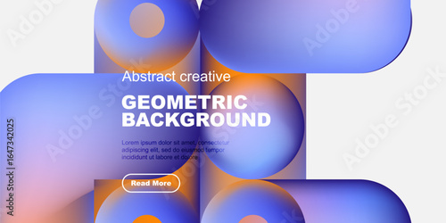 Abstract geometric background features vibrant blue, orange hues. Text overlay includes geometric background, sample text, button. Modern design.