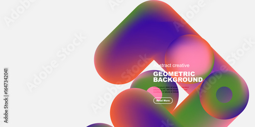 Vibrant fluid shapes overlap, creating dynamic geometric background. Purple, green hues dominate design. Text present, button visible.