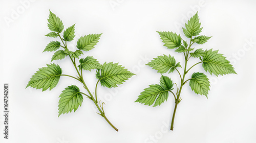 Two stinging nettle sprigs, botanical illustration, white background, herbal medicine