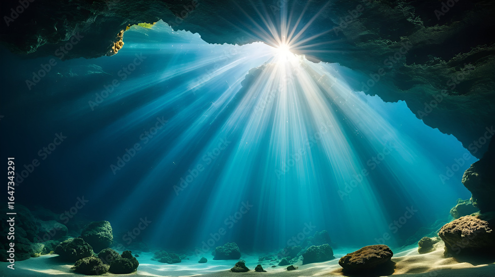 Obraz premium Underwater Cave Sunlight Rays.