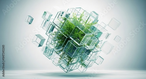Green plant inside glass cube abstract futuristic arrangement conceptual growth high quality professional