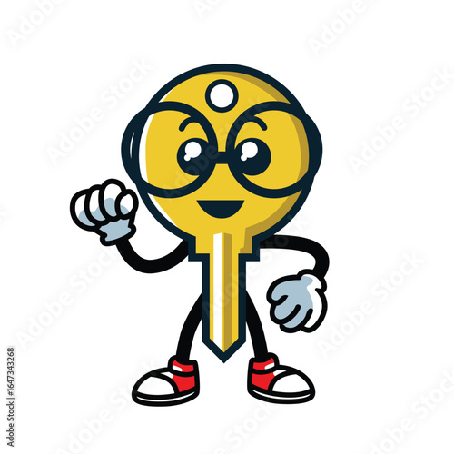 Yellow and Blue Cartoon Key Mascot – Playful Kawaii Character with Sneakers for Sticker and Branding