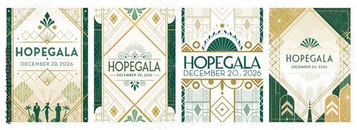 Elegant promotional designs for the Hope Gala, featuring geometric patterns and a sophisticated color palette.