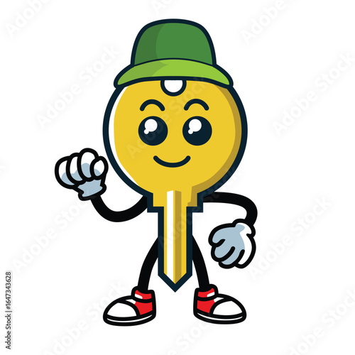 Yellow Cartoon Key Mascot – Adorable Kawaii Vector Character Wearing Green Hat for Fun Merchandise