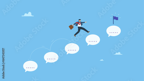 Businessman walk up speech bubble as stair to reach success. Advice, discussion talking, guidance, tips or suggestion for business success, help, wisdom, feedback to help develop improvement.