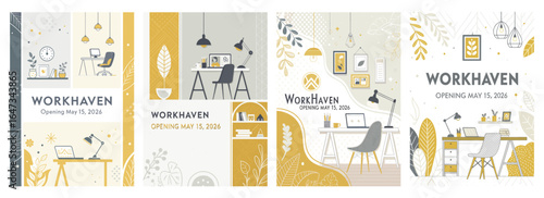 Illustrative posters showcasing a modern workspace theme for Workhaven opening on May 15, 2026.