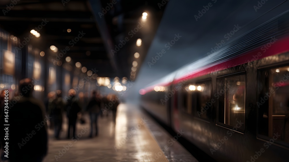 Fototapeta premium Bustling train station with passengers boarding under bright urban lighting