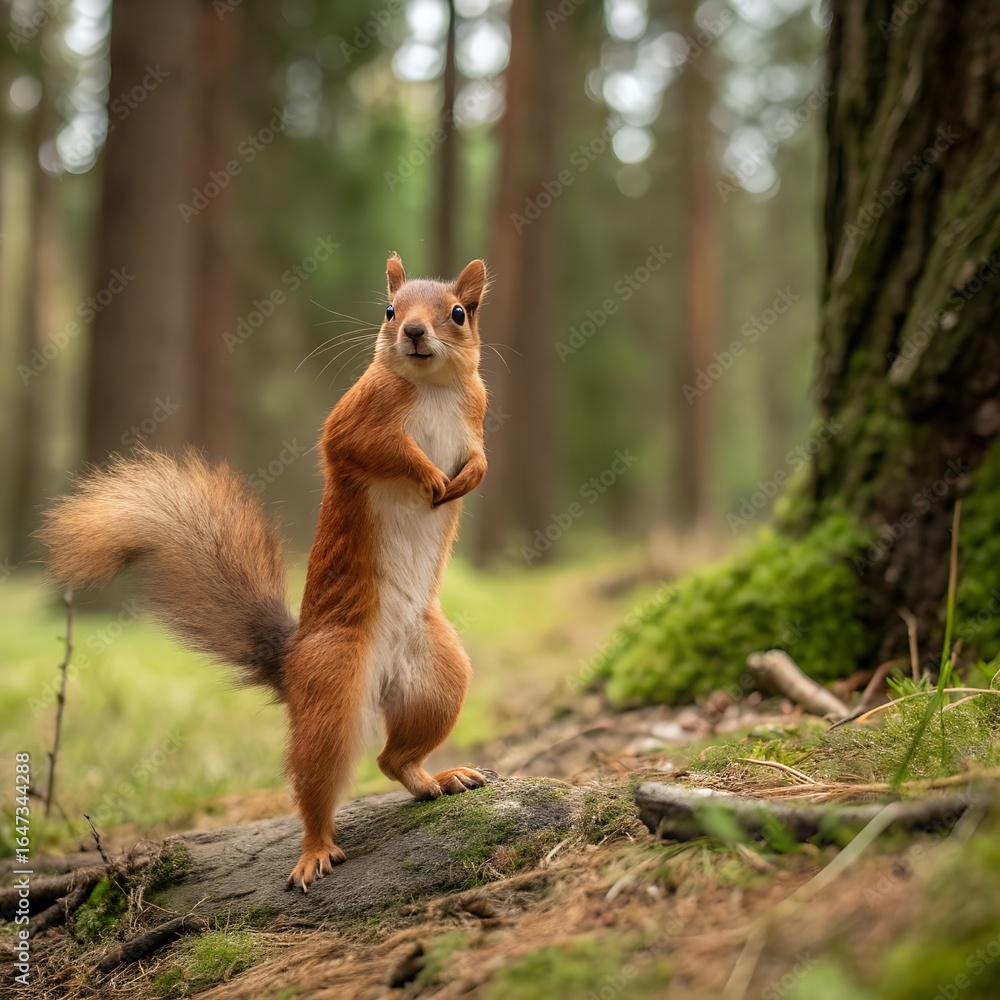 Obraz premium Cute red squirrel in the forest and park on a tree eating a nut funny-red-squirrell-standing-in-the-forest-like-ma.