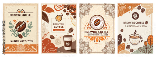 Colorful coffee-themed promotional graphics featuring beans and cups for Brewvibe Coffee launch.
