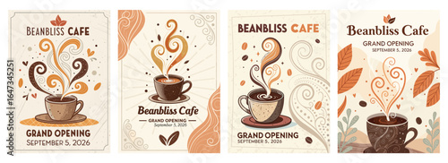 Stylized coffee cup illustrations showcasing a caf�'s grand opening with inviting designs and warm colors.