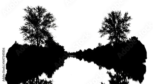 serene lakeside silhouette two majestic trees mirrored in calm water ideal for tranquil nature designs ecofriendly branding and peaceful meditation themes