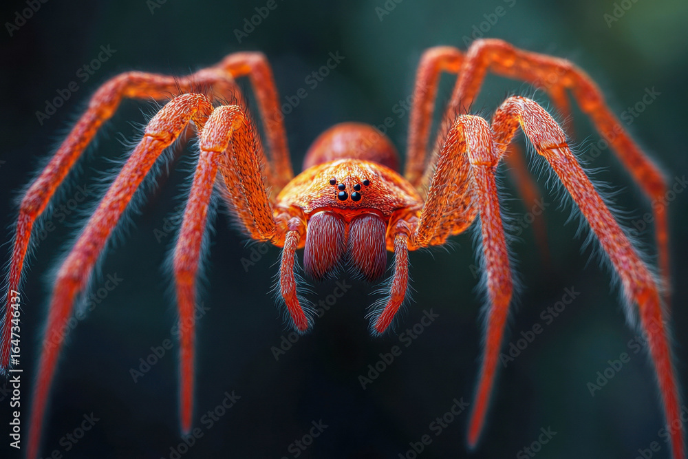 Fototapeta premium A large, orange huntsman spider faces forward, showcasing its fangs, multiple eyes, and hairy legs against a muted, dark green background