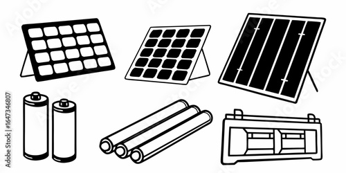 Illustration of solar panels batteries and cylindrical objects in black and white outline style