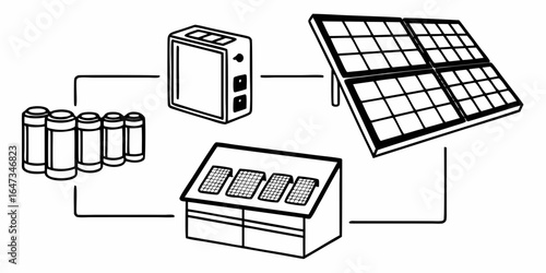 Illustration showing solar panels connected to batteries and a power inverter for energy storage and use