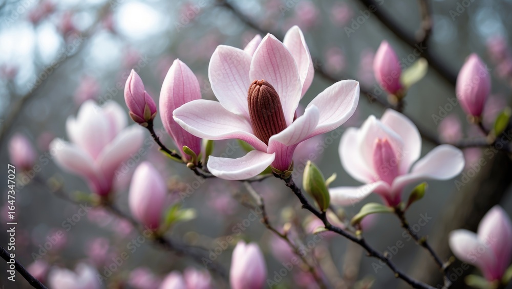 Fototapeta premium Magnolia flowers in bloom with pink petals, close-up of flowering branches. Beautiful floral scene with soft background. Nature and blossom photography.