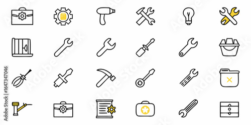 Illustration showing an array of tools including wrenches screwdrivers and toolboxes in black outline
