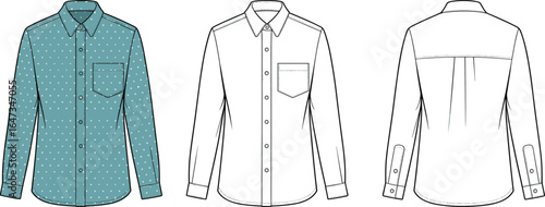 Long sleeve polka dot button down shirt front and back technical flat sketch, single chest pocket design, fashion cad drawing, vector illustration for garment production details