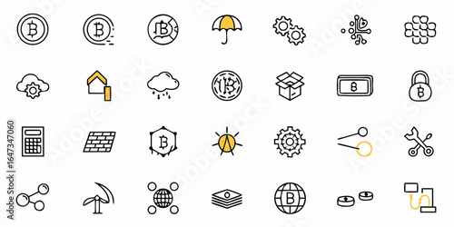 Collection of bitcoin and technology related icons in a simple line art style with yellow accents