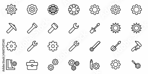 Line art illustration of various mechanical tools and gears arranged in a grid like pattern