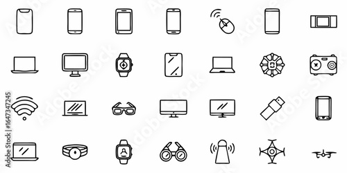 Collection of various electronic devices including phones laptops watches and other gadgets in outline style
