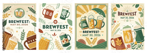 Colorful Brewfest posters showcasing beer mugs and hops, celebrating a lively brewing event.