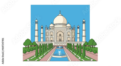 Vector illustration of the Taj Mahal in Agra, India. Famous world heritage site and iconic monument, a symbol of love and history.