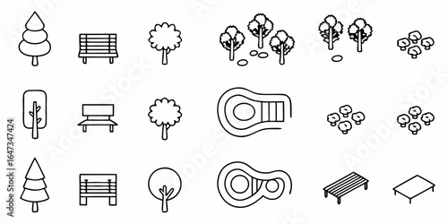 Illustration featuring trees benches and other park elements in a simple line drawing style art design
