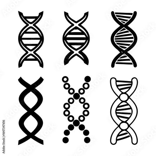 Collection of six different dna helix icons isolated on white background representing genetic code, biology, science, and biotechnology research