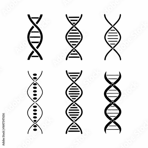Collection of six different dna helix icons isolated on white background representing genetic code, biology, science, and biotechnology research