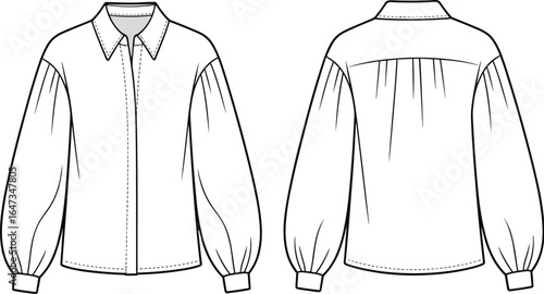 Long sleeve puff blouse front and back technical flat sketch, fashion cad drawing, loose fit shirt design, vector illustration for garment production details