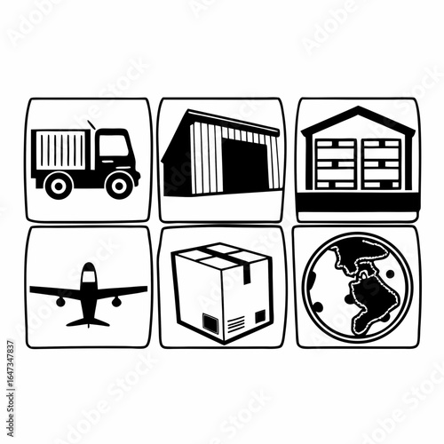Collection of logistics and transportation icons isolated on white background depicting various modes of transport and storage facilities