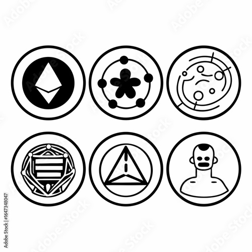 A set of crypto currency coin icons isolated on white background, featuring various digital currency symbols and abstract designs